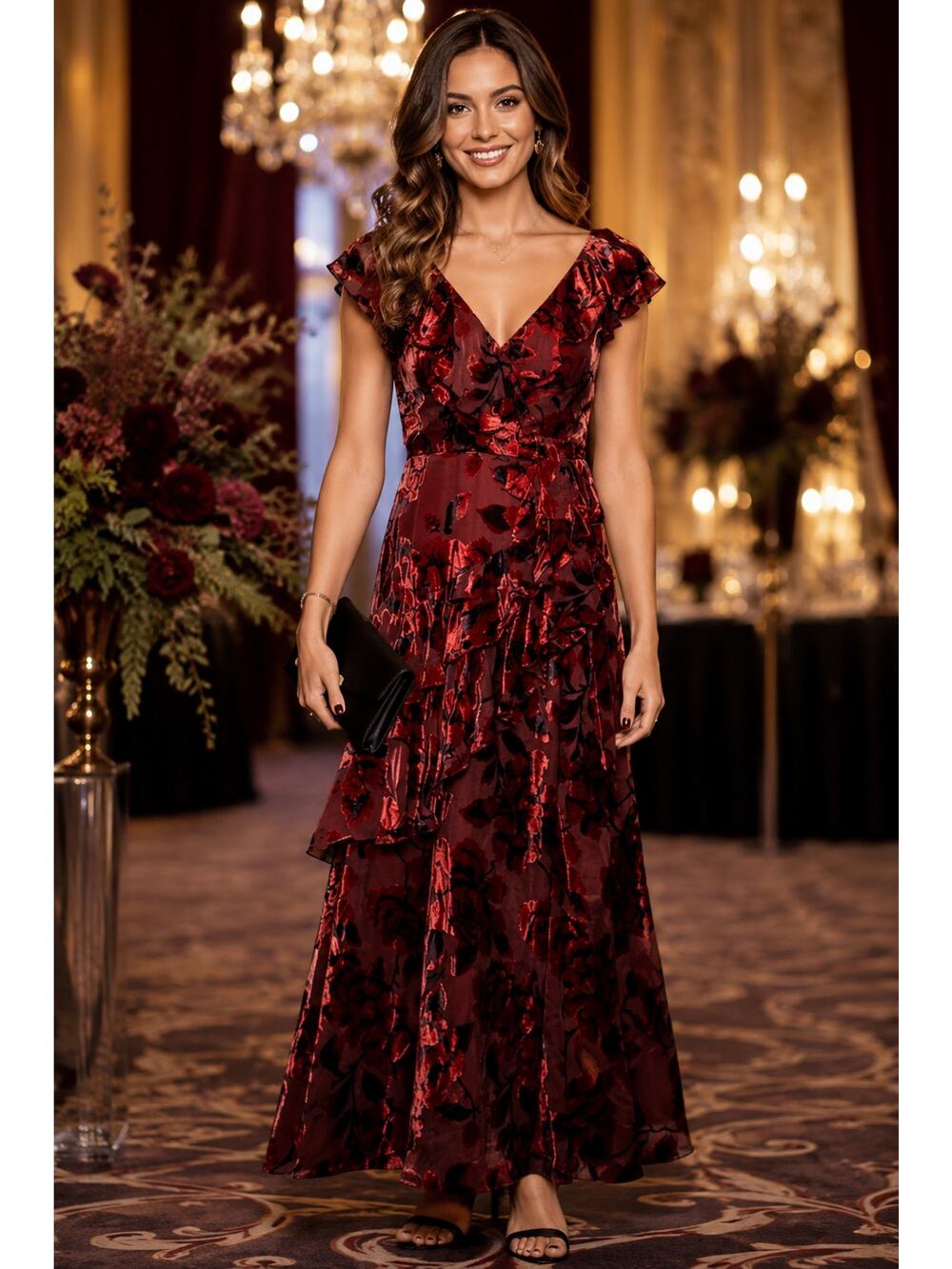 Hutch Burnout Velvet Floral Wrap Midi Dress Burgundy Red Dark Floral Whimsygoth